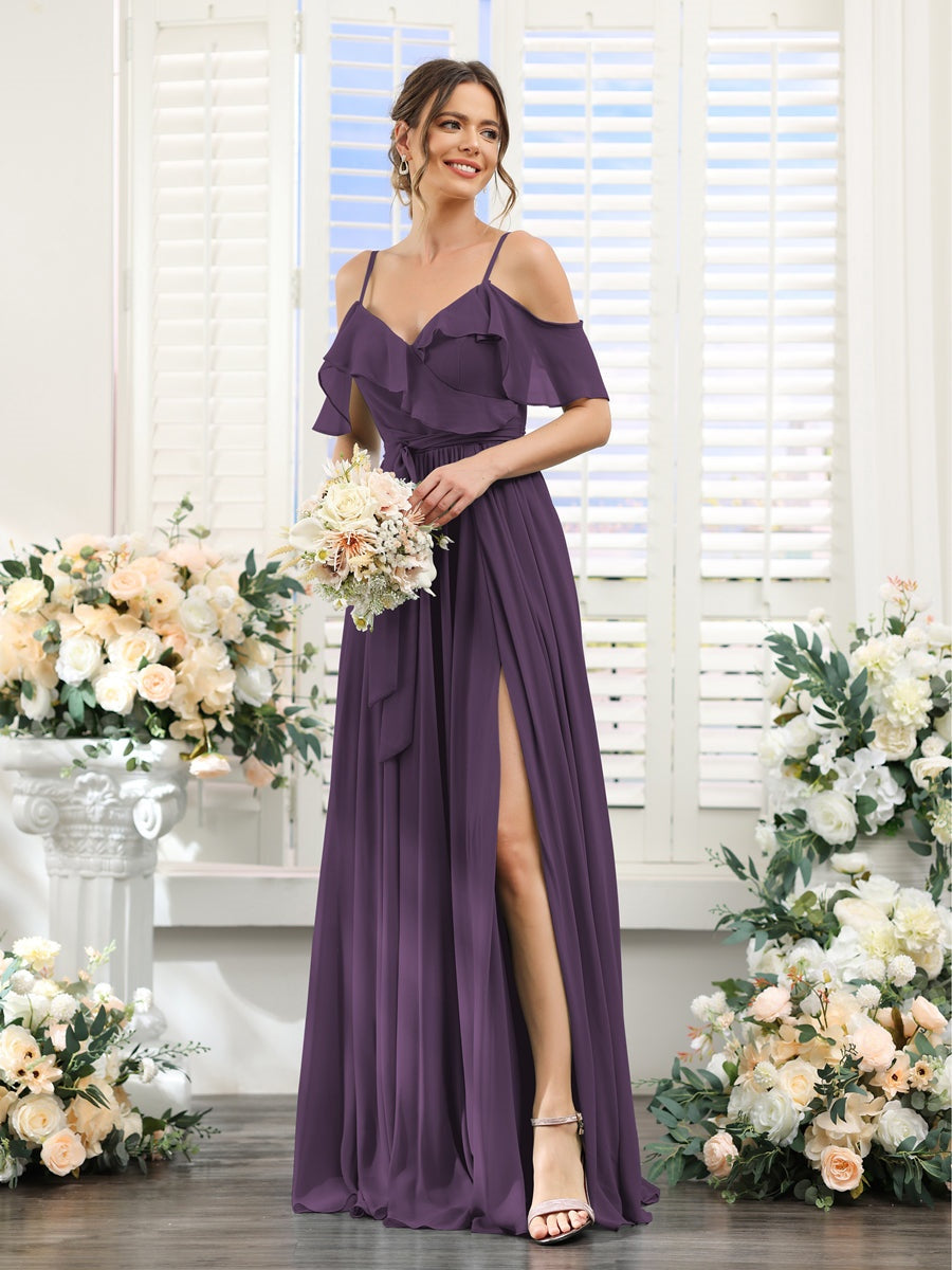 Floor-Length A-Line Bridesmaid Dresses with V-Neck and Spaghetti Straps, Featuring Pockets