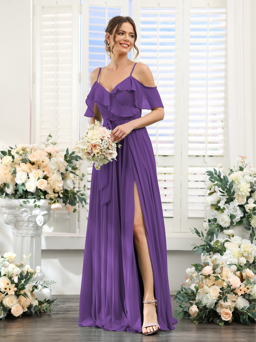 Floor-Length A-Line Bridesmaid Dresses with V-Neck and Spaghetti Straps, Featuring Pockets