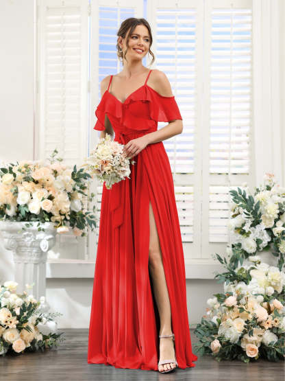 Floor-Length A-Line Bridesmaid Dresses with V-Neck and Spaghetti Straps, Featuring Pockets