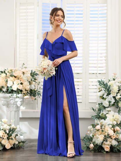 Floor-Length A-Line Bridesmaid Dresses with V-Neck and Spaghetti Straps, Featuring Pockets