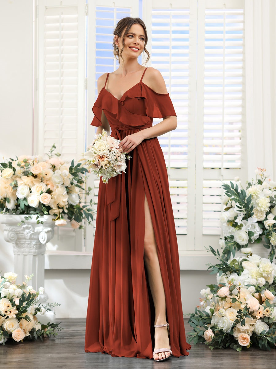 Floor-Length A-Line Bridesmaid Dresses with V-Neck and Spaghetti Straps, Featuring Pockets