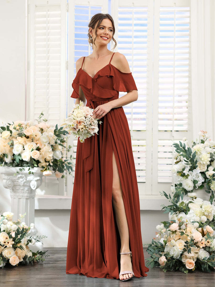 Floor-Length A-Line Bridesmaid Dresses with V-Neck and Spaghetti Straps, Featuring Pockets