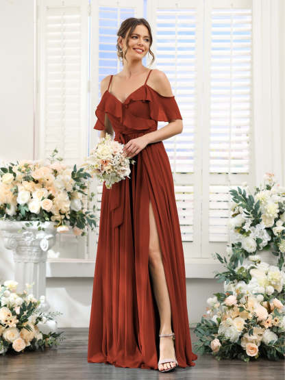 Floor-Length A-Line Bridesmaid Dresses with V-Neck and Spaghetti Straps, Featuring Pockets