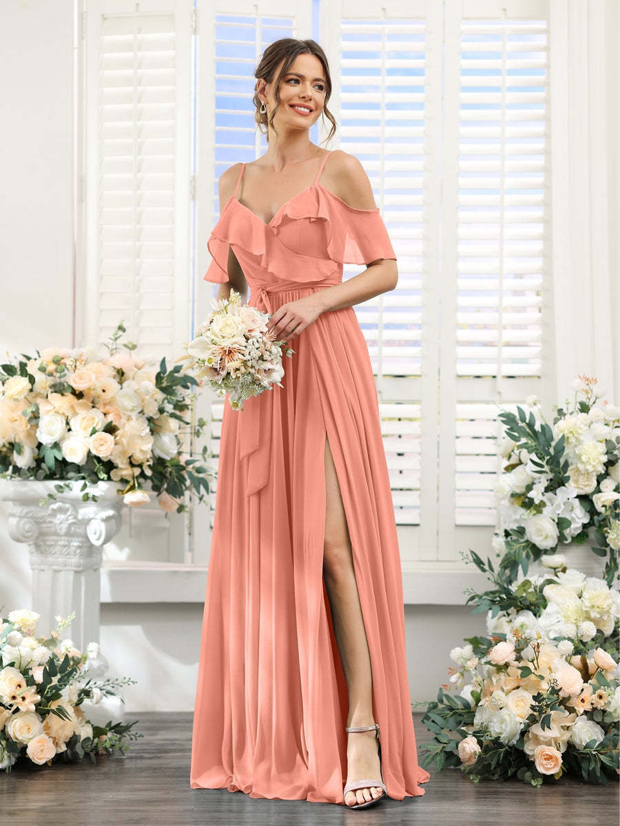 Floor-Length A-Line Bridesmaid Dresses with V-Neck and Spaghetti Straps, Featuring Pockets