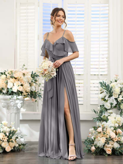 Floor-Length A-Line Bridesmaid Dresses with V-Neck and Spaghetti Straps, Featuring Pockets