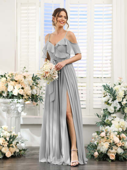 Floor-Length A-Line Bridesmaid Dresses with V-Neck and Spaghetti Straps, Featuring Pockets