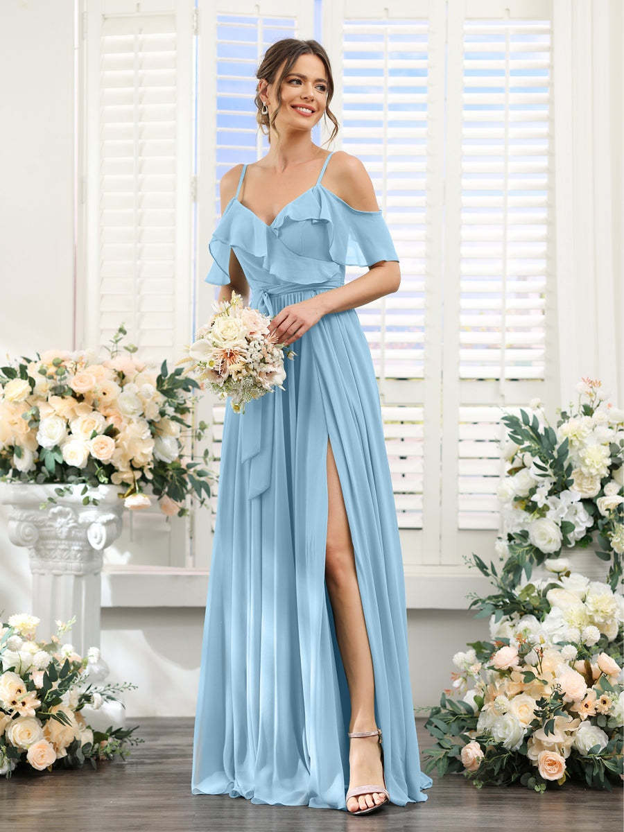 Floor-Length A-Line Bridesmaid Dresses with V-Neck and Spaghetti Straps, Featuring Pockets