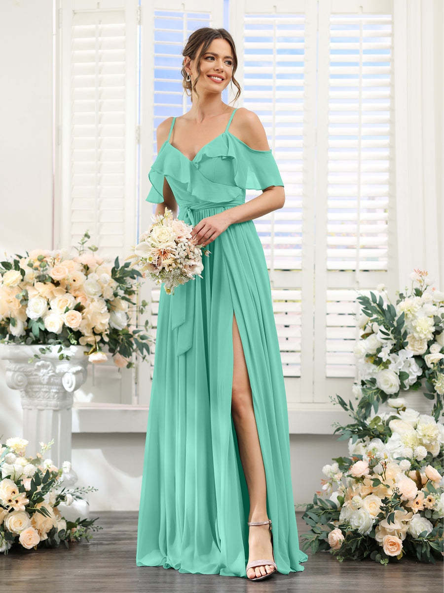 Floor-Length A-Line Bridesmaid Dresses with V-Neck and Spaghetti Straps, Featuring Pockets