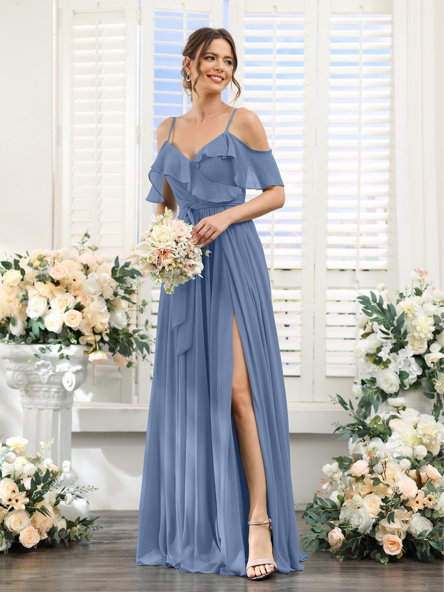 Floor-Length A-Line Bridesmaid Dresses with V-Neck and Spaghetti Straps, Featuring Pockets