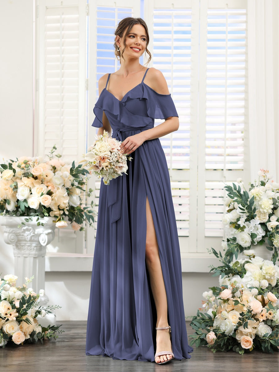 Floor-Length A-Line Bridesmaid Dresses with V-Neck and Spaghetti Straps, Featuring Pockets