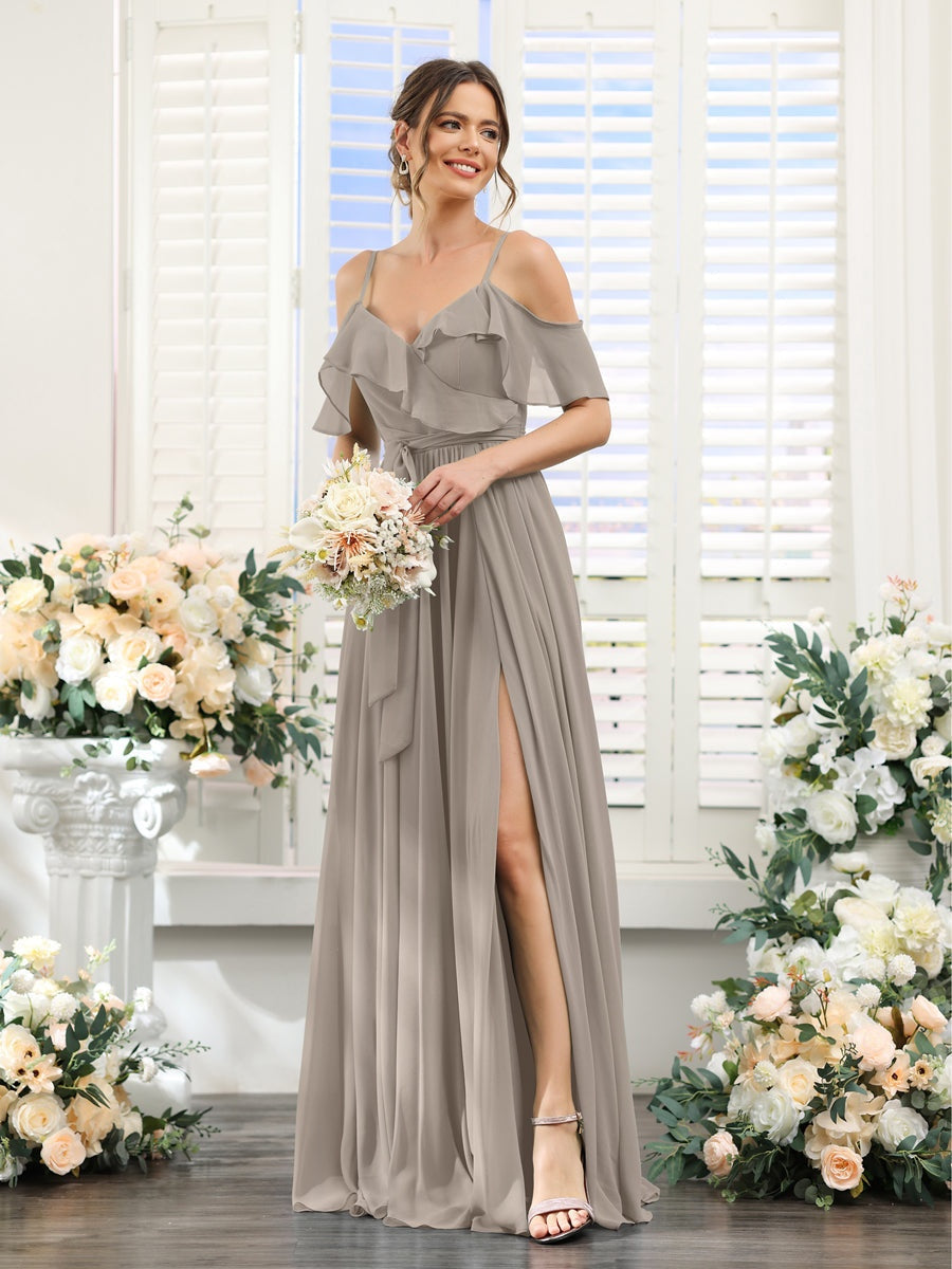 Floor-Length A-Line Bridesmaid Dresses with V-Neck and Spaghetti Straps, Featuring Pockets