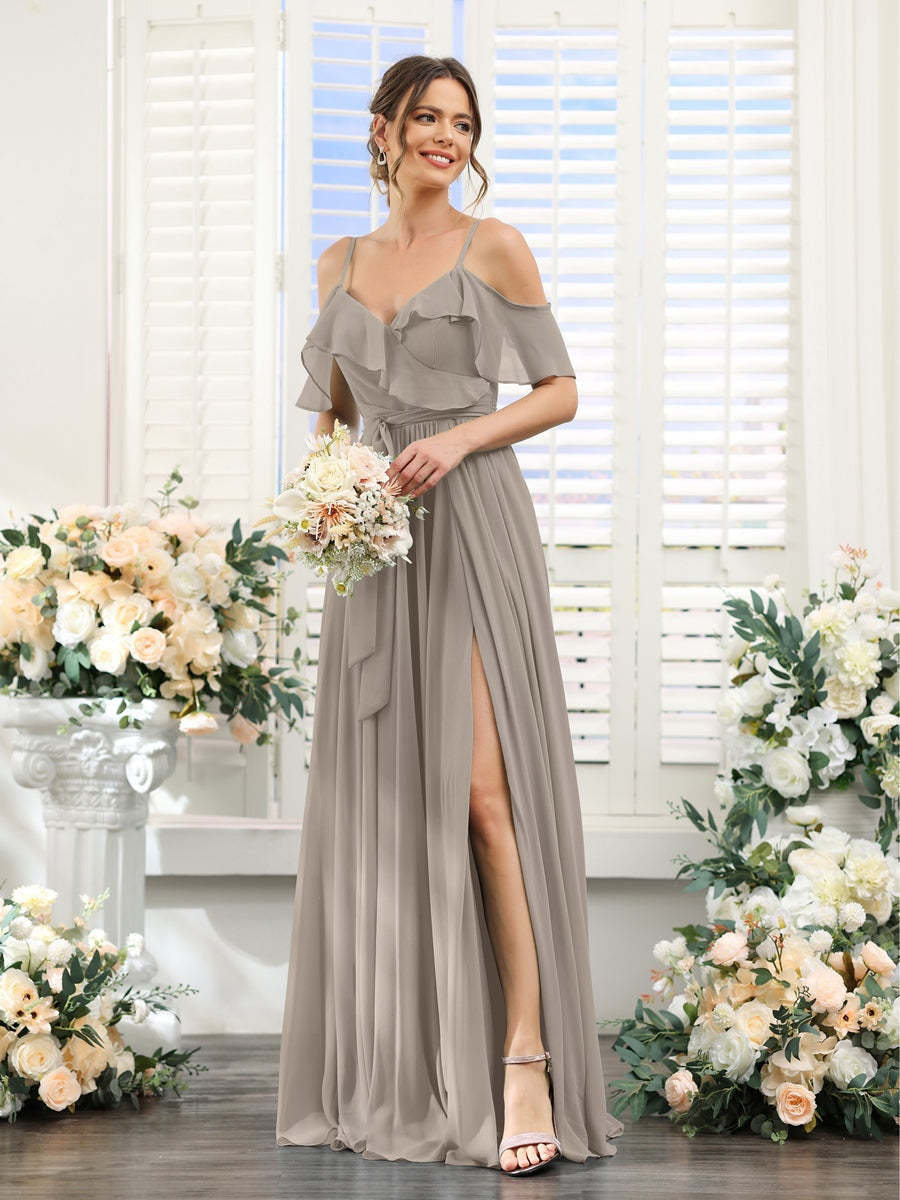 Floor-Length A-Line Bridesmaid Dresses with V-Neck and Spaghetti Straps, Featuring Pockets