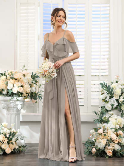 Floor-Length A-Line Bridesmaid Dresses with V-Neck and Spaghetti Straps, Featuring Pockets