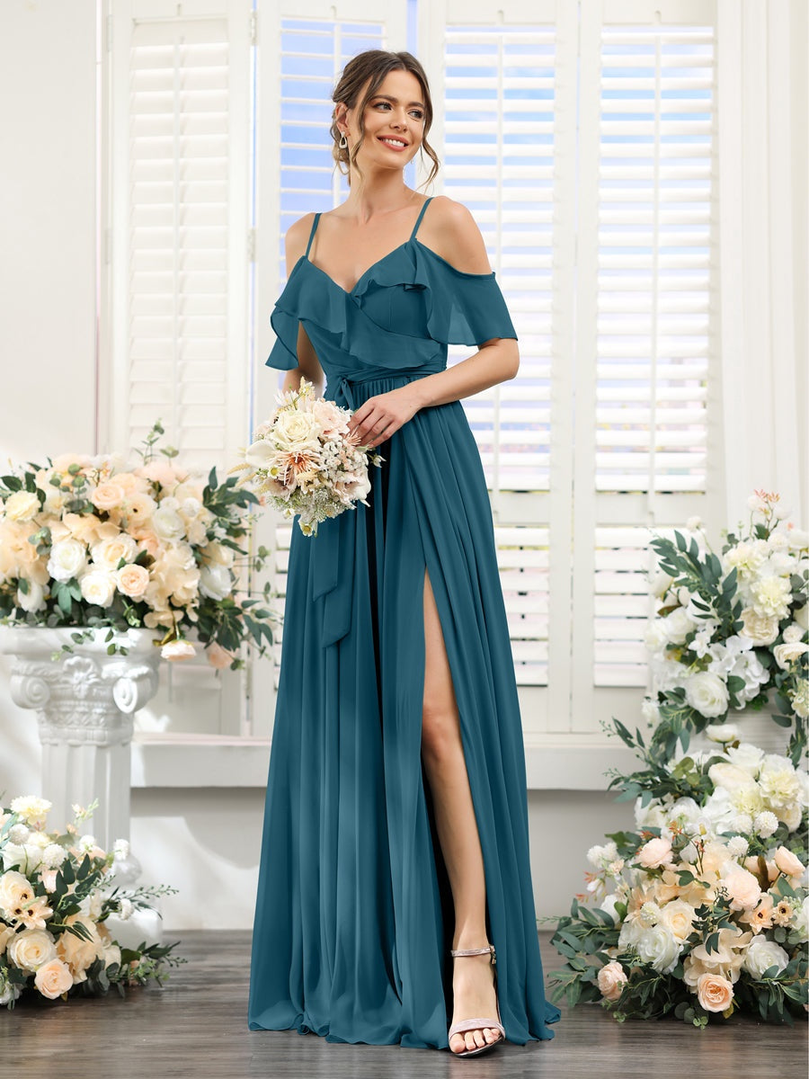 Floor-Length A-Line Bridesmaid Dresses with V-Neck and Spaghetti Straps, Featuring Pockets