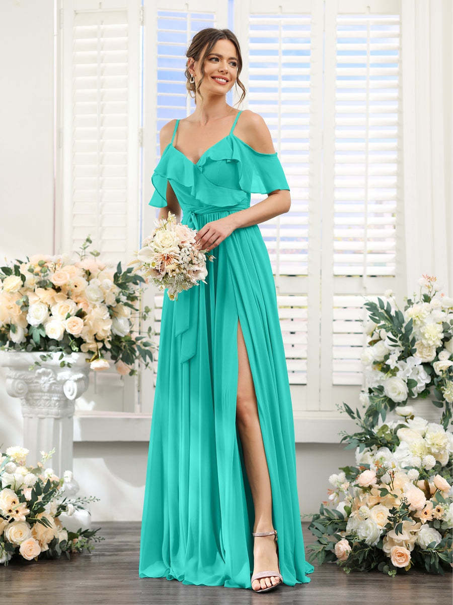 Floor-Length A-Line Bridesmaid Dresses with V-Neck and Spaghetti Straps, Featuring Pockets