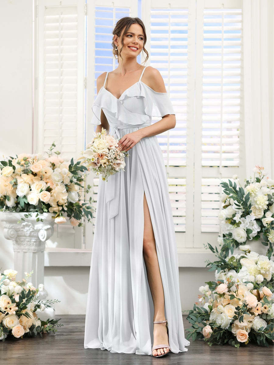 Floor-Length A-Line Bridesmaid Dresses with V-Neck and Spaghetti Straps, Featuring Pockets