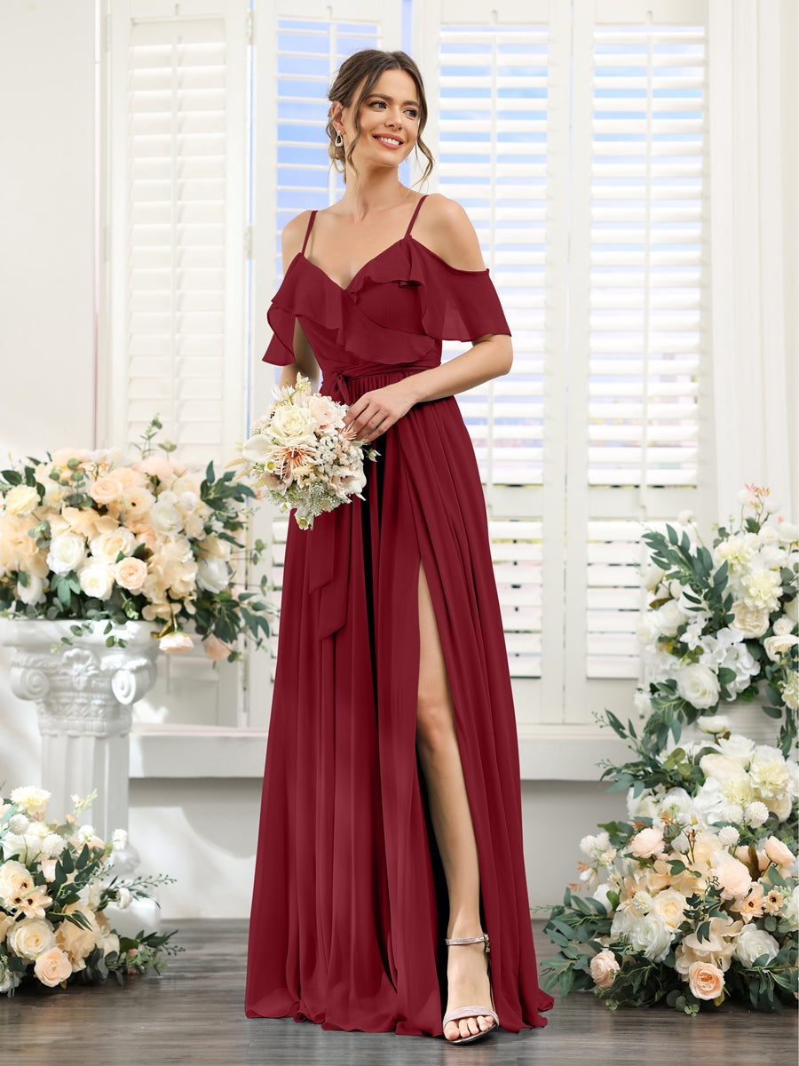 Floor-Length A-Line Bridesmaid Dresses with V-Neck and Spaghetti Straps, Featuring Pockets
