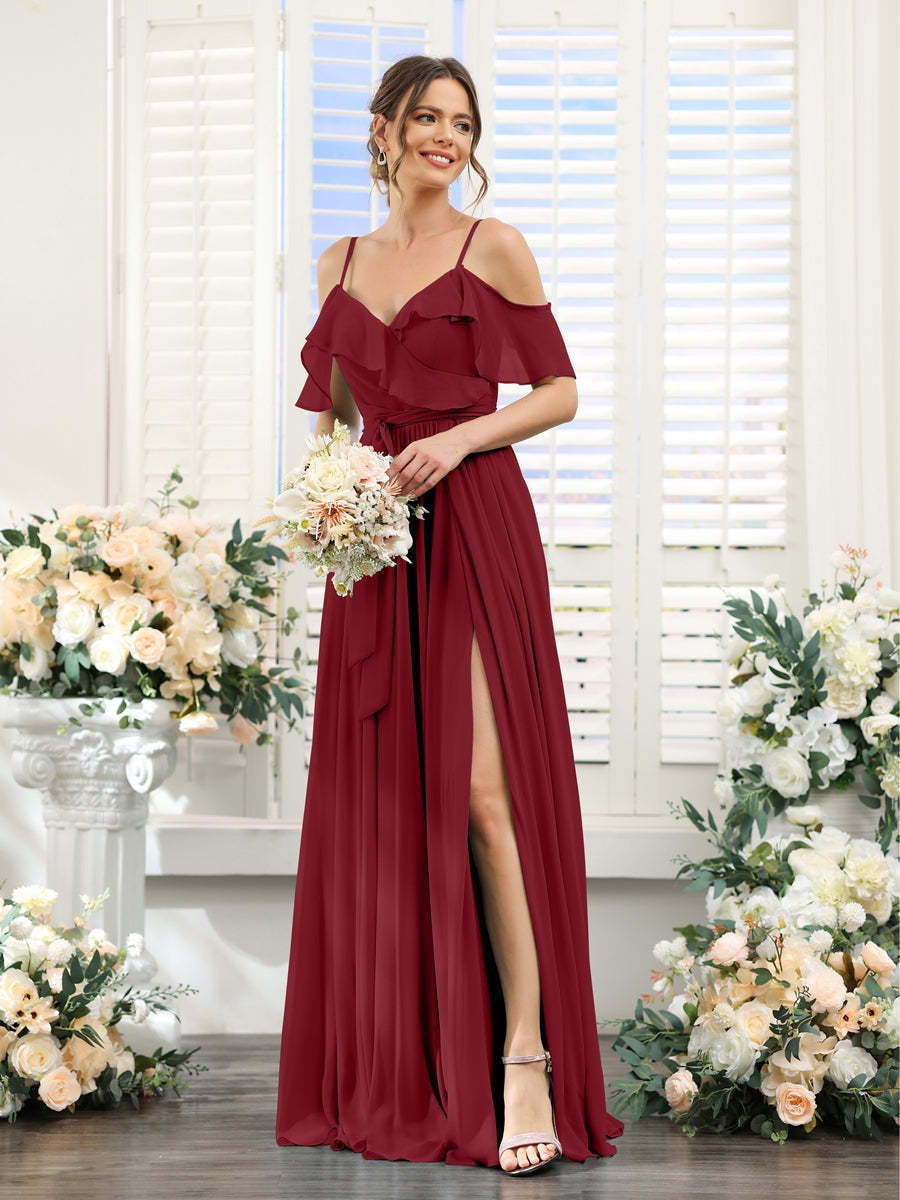 Floor-Length A-Line Bridesmaid Dresses with V-Neck and Spaghetti Straps, Featuring Pockets