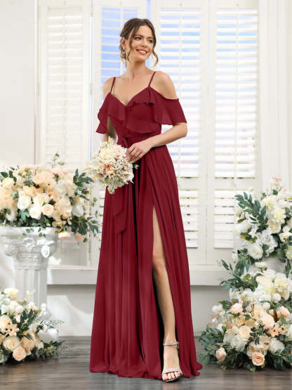 Floor-Length A-Line Bridesmaid Dresses with V-Neck and Spaghetti Straps, Featuring Pockets