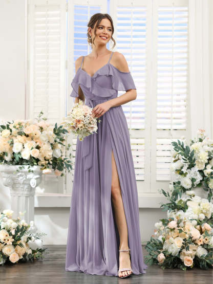 Floor-Length A-Line Bridesmaid Dresses with V-Neck and Spaghetti Straps, Featuring Pockets