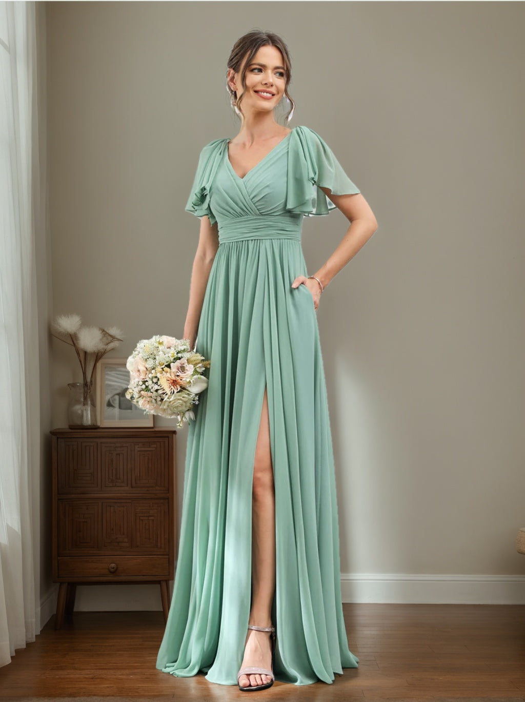 V-Neck A-Line Chiffon Bridesmaid Dress with Side Split and Pockets, Short Sleeves
