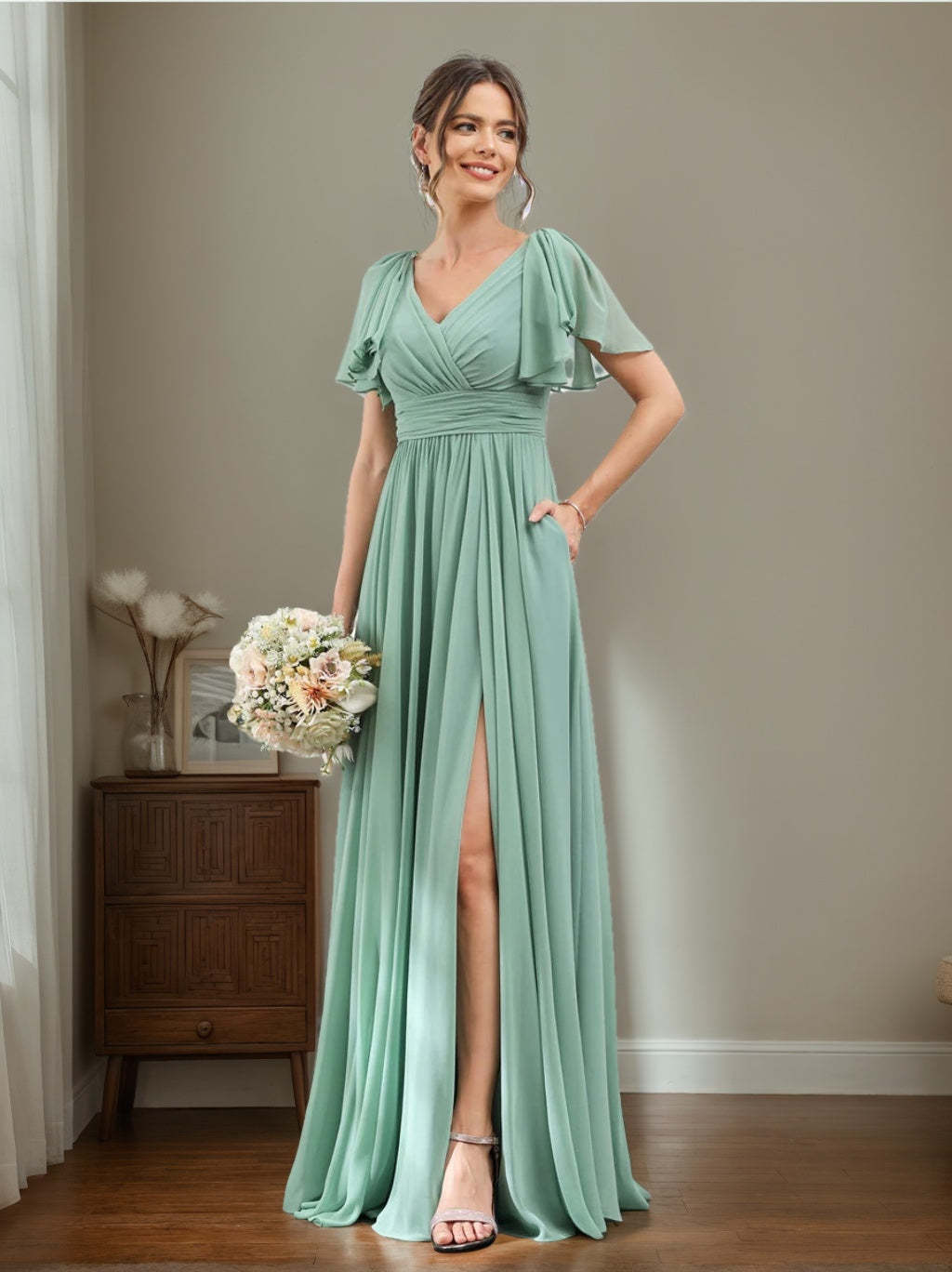 V-Neck A-Line Chiffon Bridesmaid Dress with Side Split and Pockets, Short Sleeves