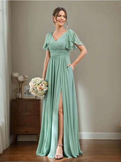 V-Neck A-Line Chiffon Bridesmaid Dress with Side Split and Pockets, Short Sleeves