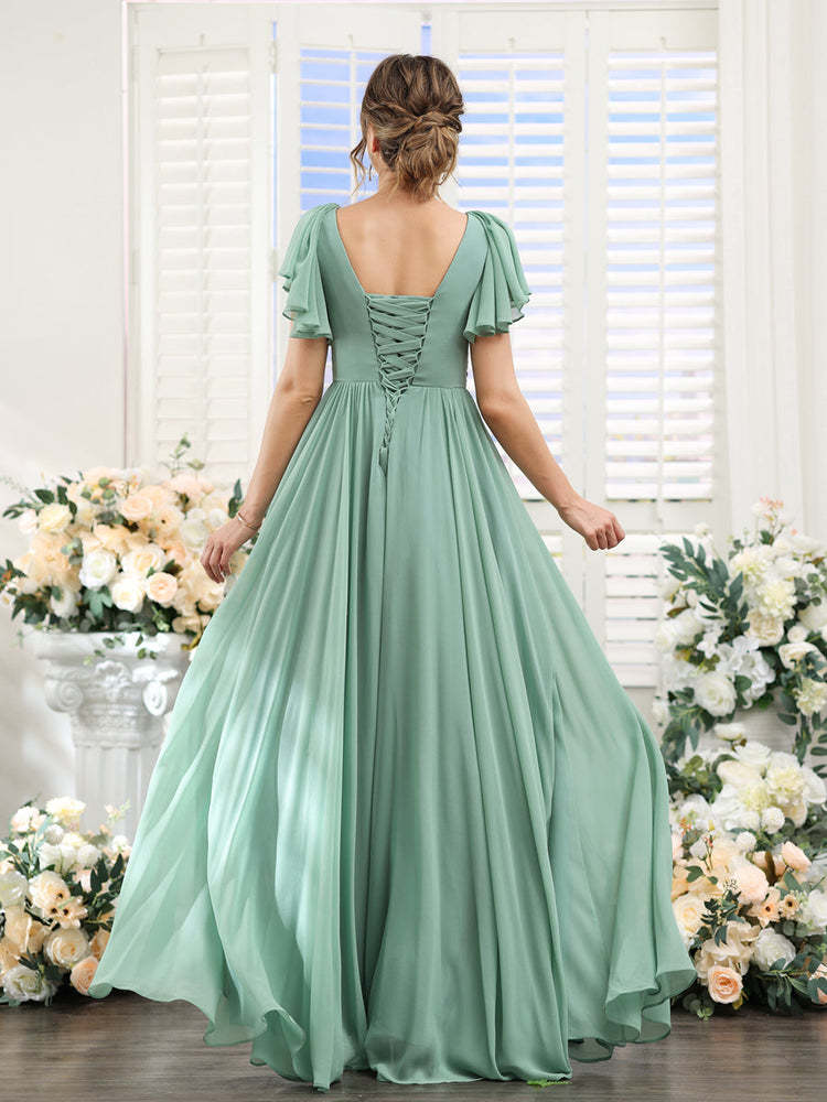 V-Neck A-Line Chiffon Bridesmaid Dress with Side Split and Pockets, Short Sleeves