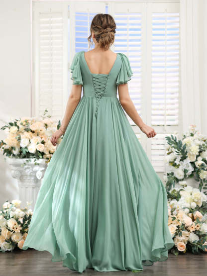 V-Neck A-Line Chiffon Bridesmaid Dress with Side Split and Pockets, Short Sleeves