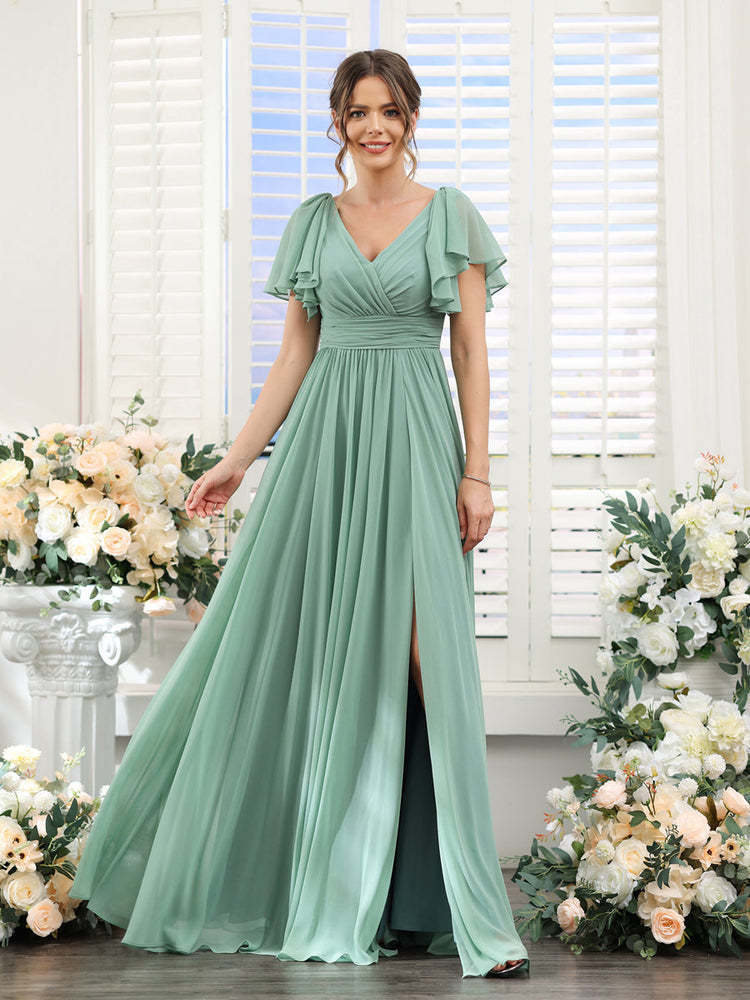 V-Neck A-Line Chiffon Bridesmaid Dress with Side Split and Pockets, Short Sleeves