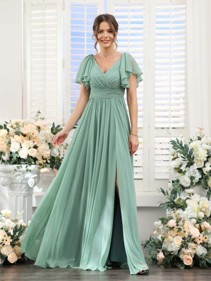 V-Neck A-Line Chiffon Bridesmaid Dress with Side Split and Pockets, Short Sleeves