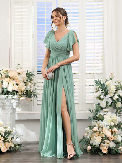 V-Neck A-Line Chiffon Bridesmaid Dress with Side Split and Pockets, Short Sleeves