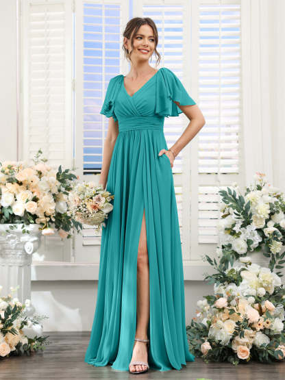 V-Neck A-Line Chiffon Bridesmaid Dress with Side Split and Pockets, Short Sleeves