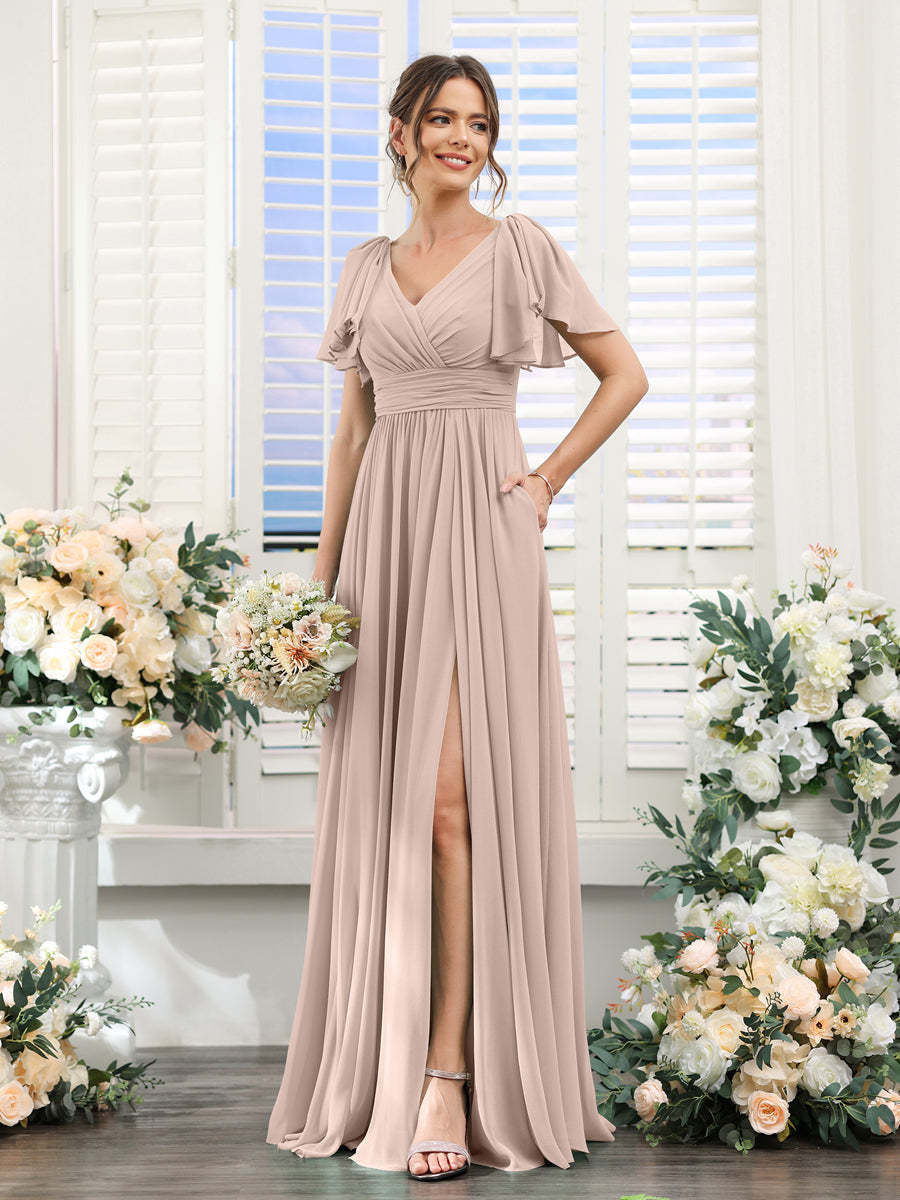 V-Neck A-Line Chiffon Bridesmaid Dress with Side Split and Pockets, Short Sleeves