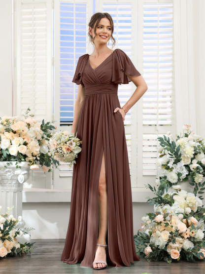 V-Neck A-Line Chiffon Bridesmaid Dress with Side Split and Pockets, Short Sleeves