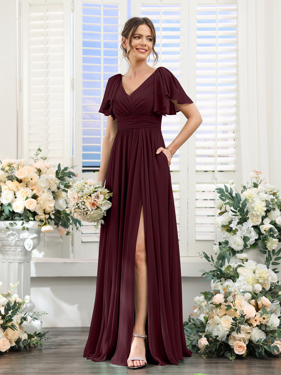 V-Neck A-Line Chiffon Bridesmaid Dress with Side Split and Pockets, Short Sleeves