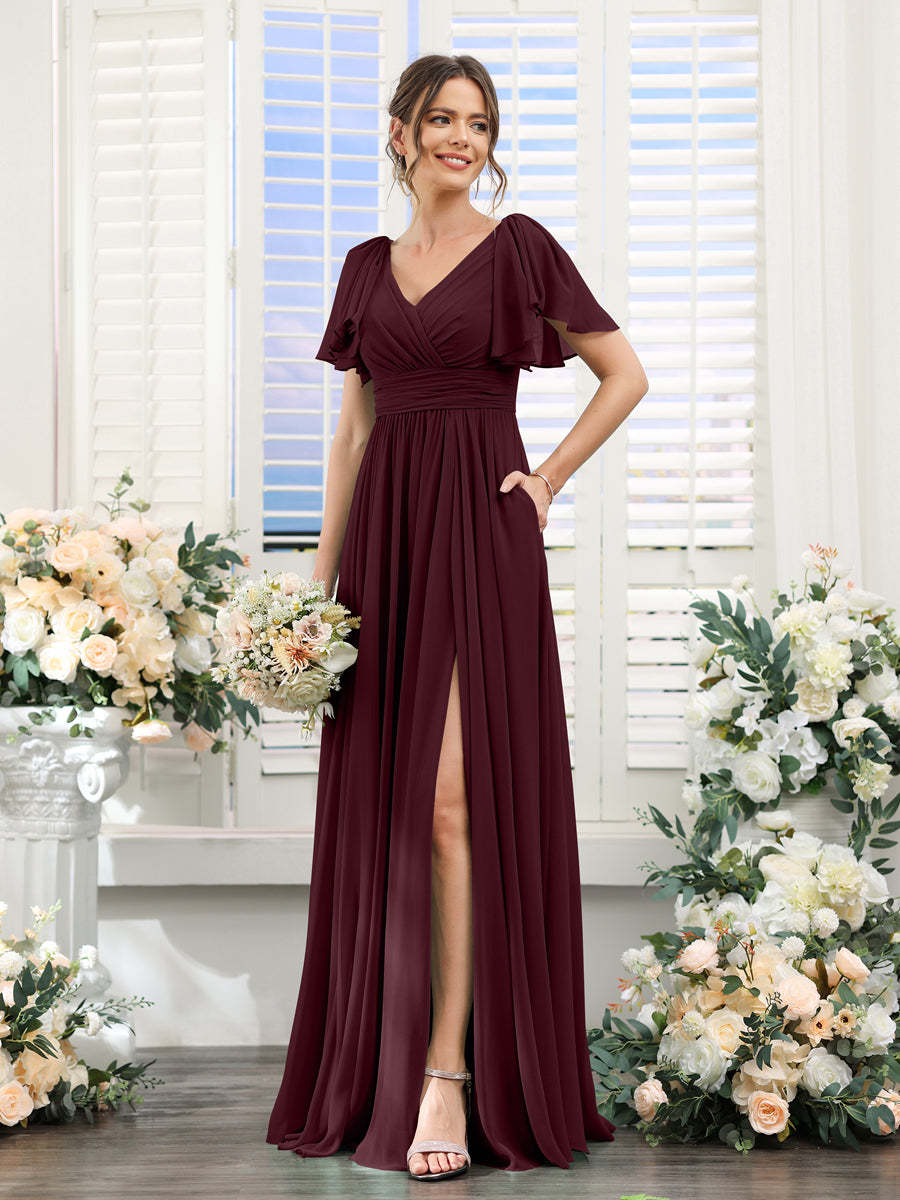 V-Neck A-Line Chiffon Bridesmaid Dress with Side Split and Pockets, Short Sleeves