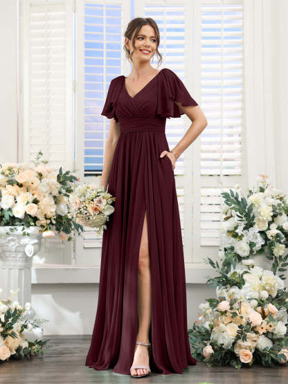 V-Neck A-Line Chiffon Bridesmaid Dress with Side Split and Pockets, Short Sleeves