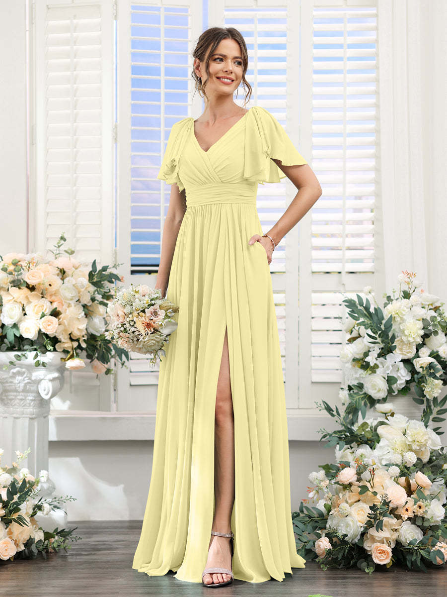 V-Neck A-Line Chiffon Bridesmaid Dress with Side Split and Pockets, Short Sleeves