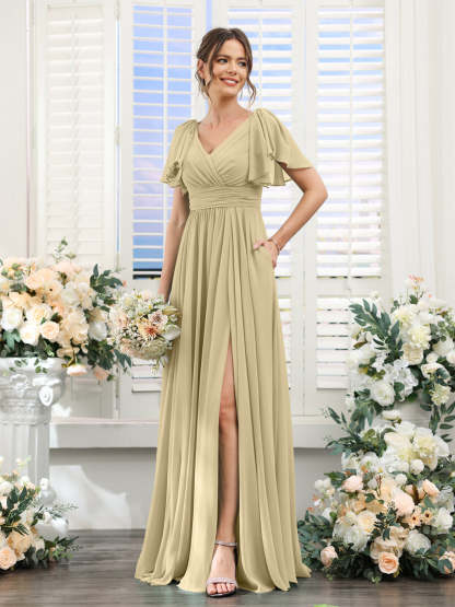 V-Neck A-Line Chiffon Bridesmaid Dress with Side Split and Pockets, Short Sleeves