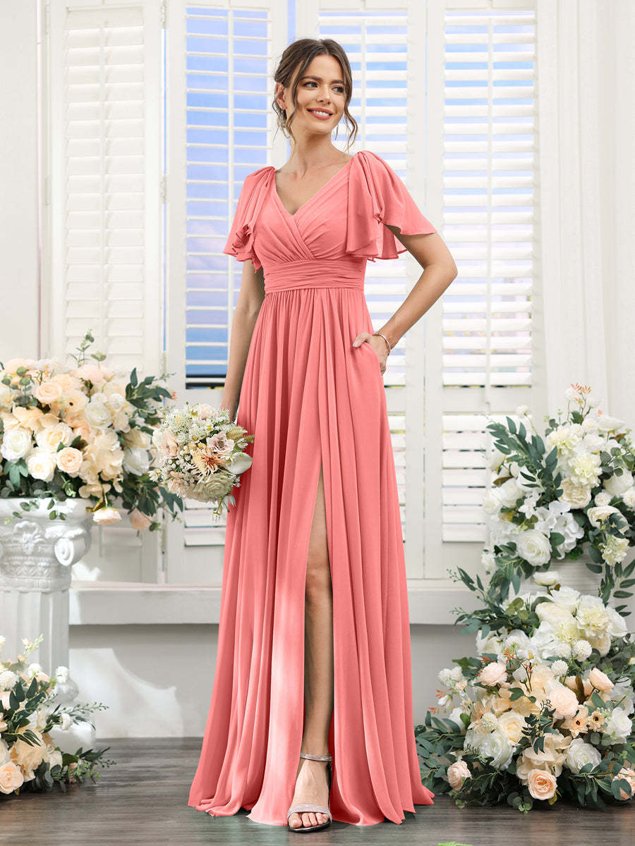 V-Neck A-Line Chiffon Bridesmaid Dress with Side Split and Pockets, Short Sleeves