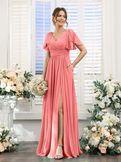 V-Neck A-Line Chiffon Bridesmaid Dress with Side Split and Pockets, Short Sleeves