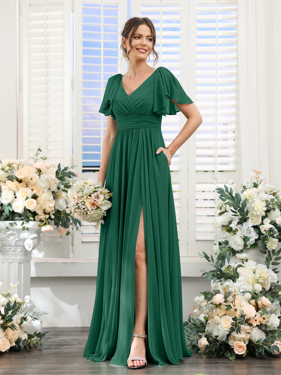 V-Neck A-Line Chiffon Bridesmaid Dress with Side Split and Pockets, Short Sleeves