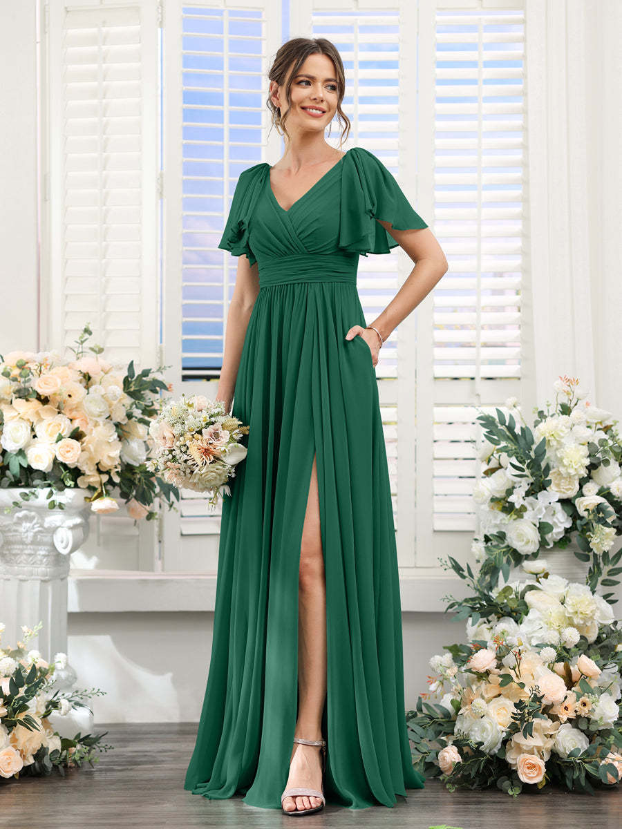 V-Neck A-Line Chiffon Bridesmaid Dress with Side Split and Pockets, Short Sleeves