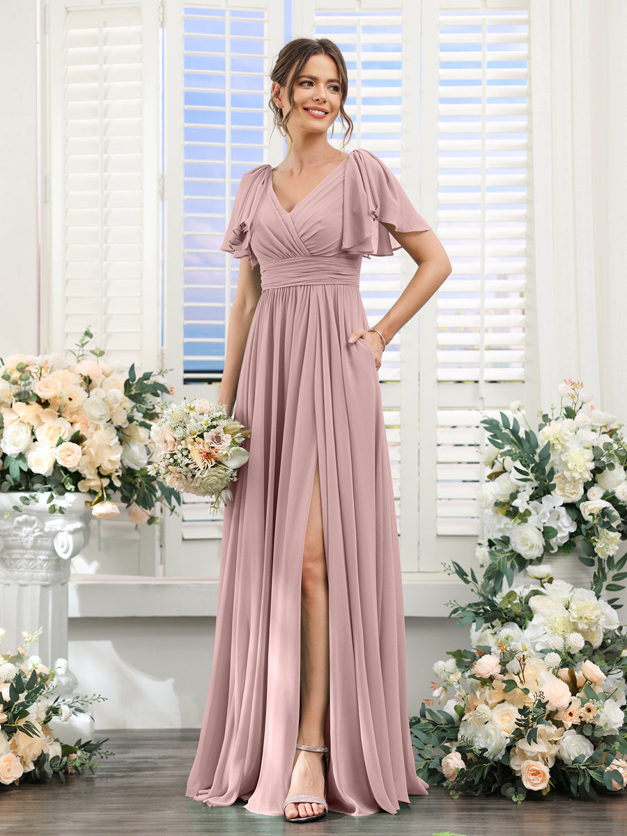 V-Neck A-Line Chiffon Bridesmaid Dress with Side Split and Pockets, Short Sleeves