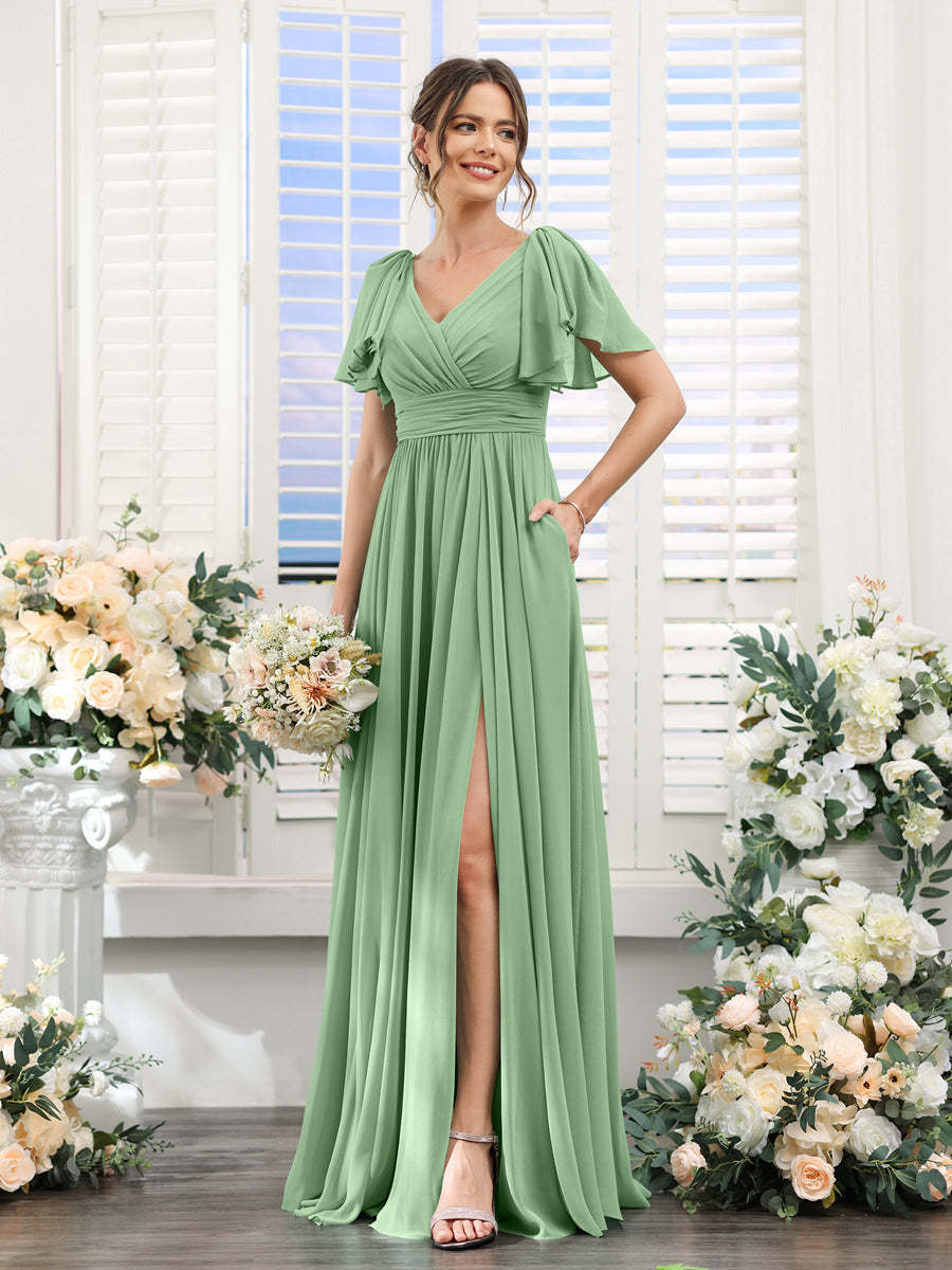 V-Neck A-Line Chiffon Bridesmaid Dress with Side Split and Pockets, Short Sleeves