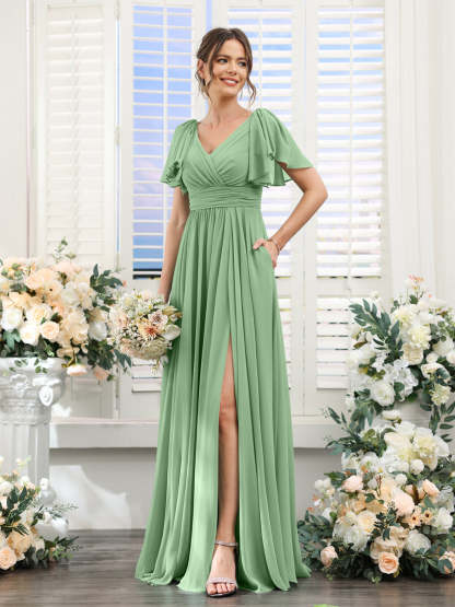 V-Neck A-Line Chiffon Bridesmaid Dress with Side Split and Pockets, Short Sleeves