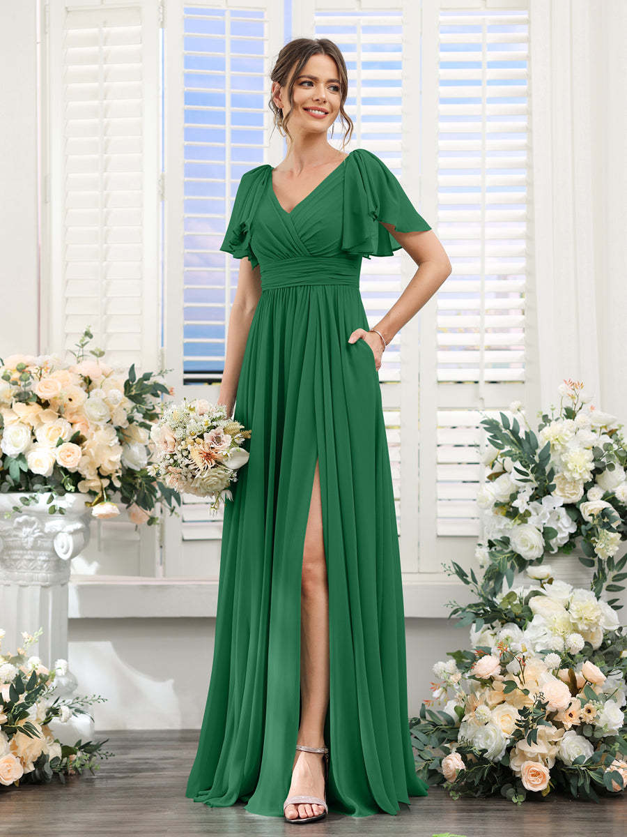 V-Neck A-Line Chiffon Bridesmaid Dress with Side Split and Pockets, Short Sleeves