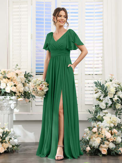 V-Neck A-Line Chiffon Bridesmaid Dress with Side Split and Pockets, Short Sleeves