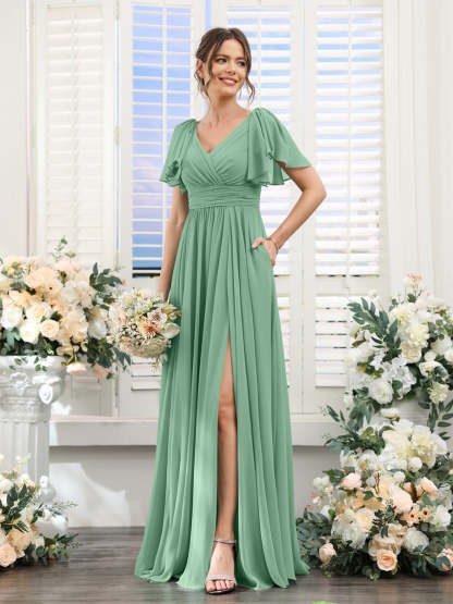V-Neck A-Line Chiffon Bridesmaid Dress with Side Split and Pockets, Short Sleeves
